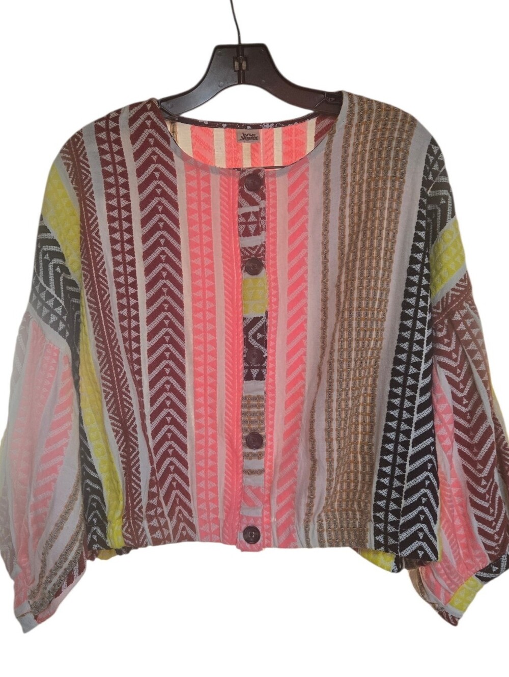 Ivy Jane, Boho Striped Button-Front Women's Top in Pink and Brown
